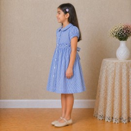 Girls Blue Striped Cotton Dress with Smocked Waist, Puff Sleeves & Peter Pan Collar