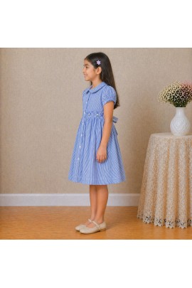 Girls Blue Striped Cotton Dress with Smocked Waist, Puff Sleeves & Peter Pan Collar