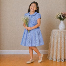 Girls Blue Striped Cotton Dress with Smocked Waist, Puff Sleeves & Peter Pan Collar