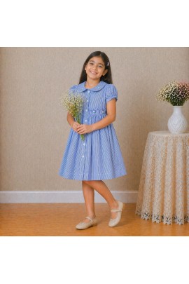 Girls Blue Striped Cotton Dress with Smocked Waist, Puff Sleeves & Peter Pan Collar