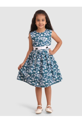 Calyx Clothing Girls Floral Printed Round Neck Sleeveless Gathered Cotton Fit & Flare Dress