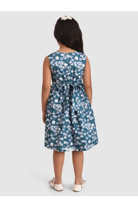 Calyx Clothing Girls Floral Printed Round Neck Sleeveless Gathered Cotton Fit & Flare Dress