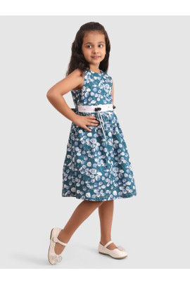 Calyx Clothing Girls Floral Printed Round Neck Sleeveless Gathered Cotton Fit & Flare Dress