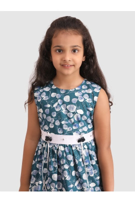 Calyx Clothing Girls Floral Printed Round Neck Sleeveless Gathered Cotton Fit & Flare Dress