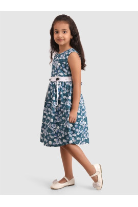 Calyx Clothing Girls Floral Printed Round Neck Sleeveless Gathered Cotton Fit & Flare Dress