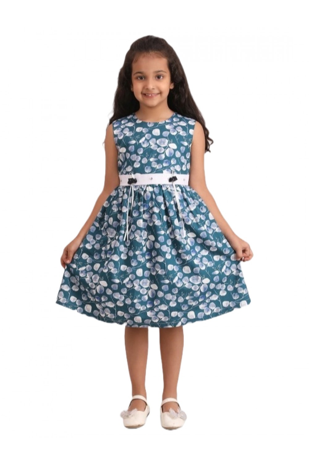 Calyx Clothing Girls Floral Printed Round Neck Sleeveless Gathered Cotton Fit & Flare Dress