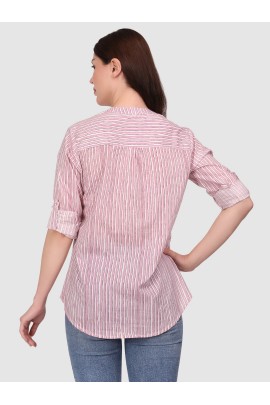 Calyx Clothing Striped Mandarin Collar Roll-Up Sleeves Cotton Top