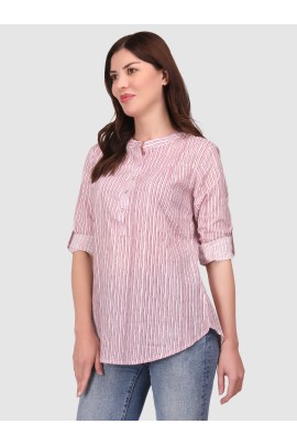 Calyx Clothing Striped Mandarin Collar Roll-Up Sleeves Cotton Top