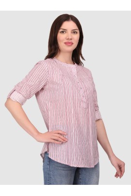 Calyx Clothing Striped Mandarin Collar Roll-Up Sleeves Cotton Top