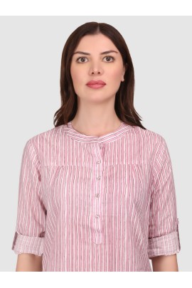 Calyx Clothing Striped Mandarin Collar Roll-Up Sleeves Cotton Top