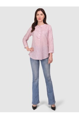 Calyx Clothing Striped Mandarin Collar Roll-Up Sleeves Cotton Top