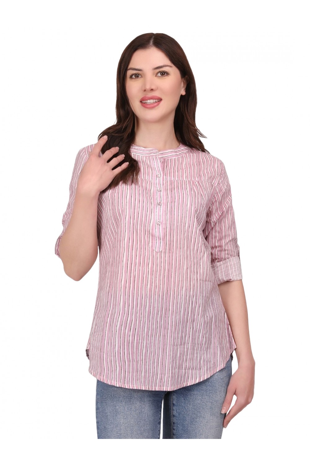 Calyx Clothing Striped Mandarin Collar Roll-Up Sleeves Cotton Top
