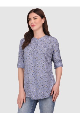 Calyx Clothing Floral Printed Mandarin Collar Roll-Up Sleeves Top