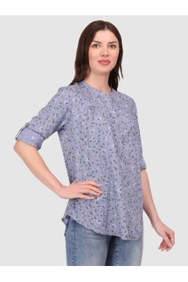 Calyx Clothing Floral Printed Mandarin Collar Roll-Up Sleeves Top