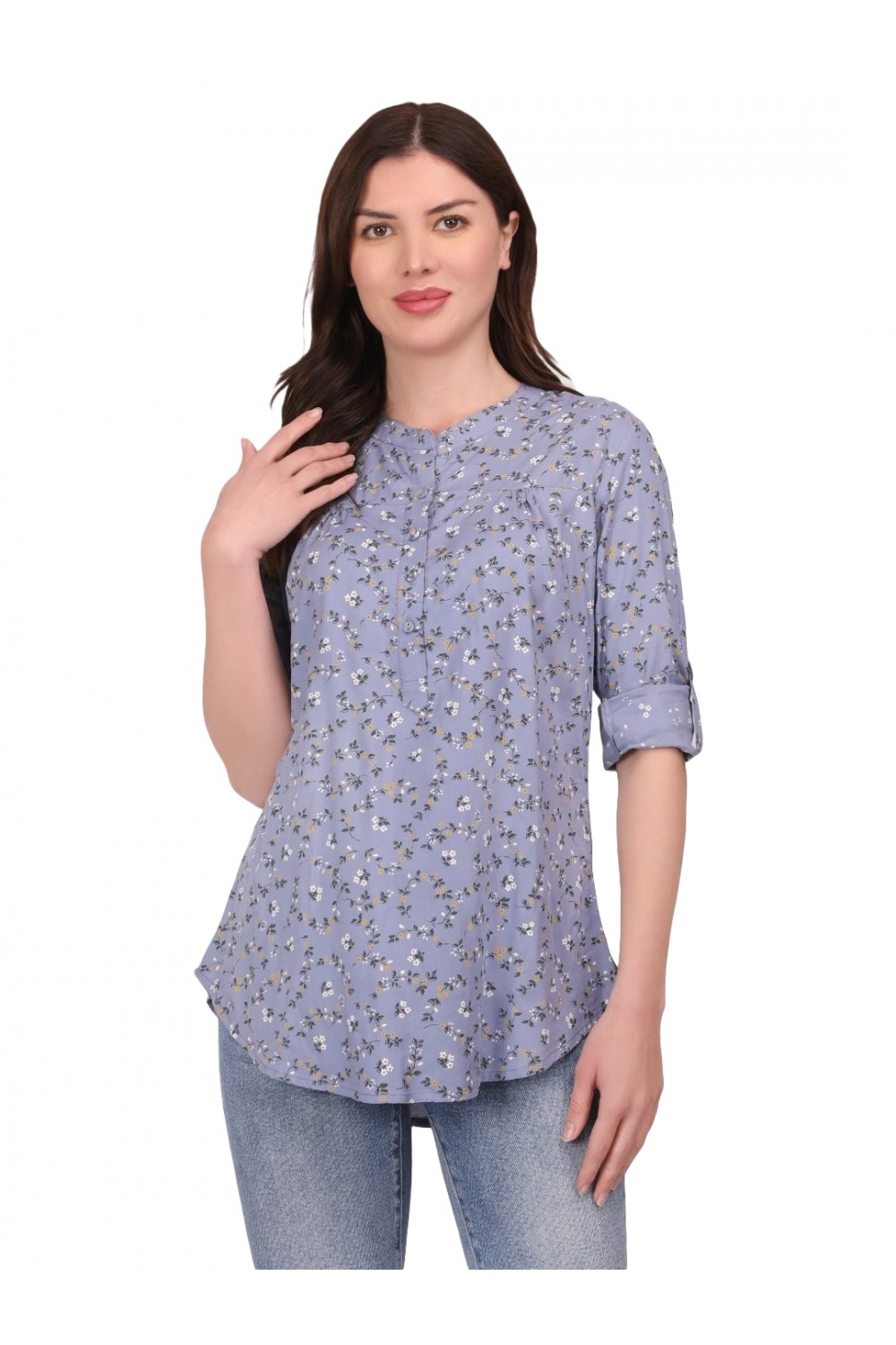 Calyx Clothing Floral Printed Mandarin Collar Roll-Up Sleeves Top