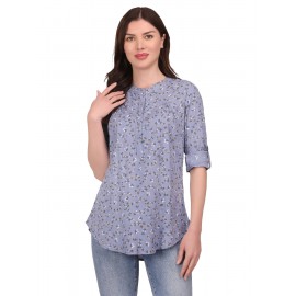 Calyx Clothing Floral Printed Mandarin Collar Roll-Up Sleeves Top