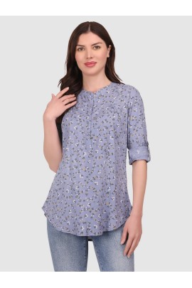 Calyx Clothing Floral Printed Mandarin Collar Roll-Up Sleeves Top