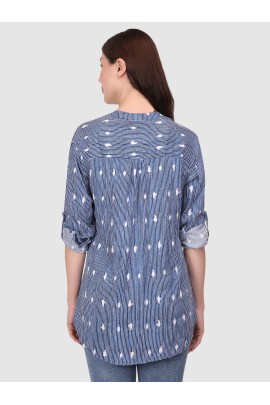 Calyx Clothing Vertical Stripes Print Mandarin Collar Roll-Up Sleeves Cotton Shirt Style Top