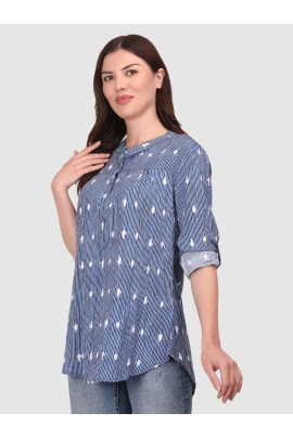 Calyx Clothing Vertical Stripes Print Mandarin Collar Roll-Up Sleeves Cotton Shirt Style Top