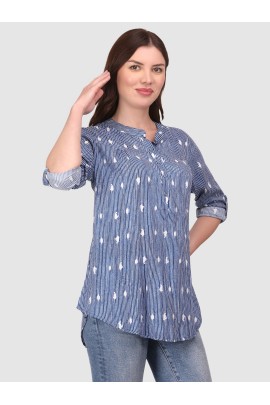 Calyx Clothing Vertical Stripes Print Mandarin Collar Roll-Up Sleeves Cotton Shirt Style Top