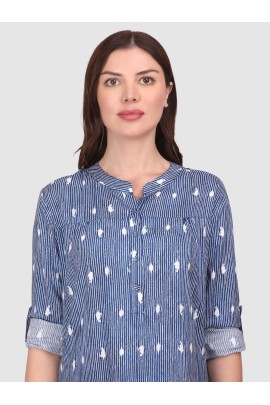 Calyx Clothing Vertical Stripes Print Mandarin Collar Roll-Up Sleeves Cotton Shirt Style Top