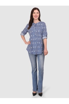 Calyx Clothing Vertical Stripes Print Mandarin Collar Roll-Up Sleeves Cotton Shirt Style Top