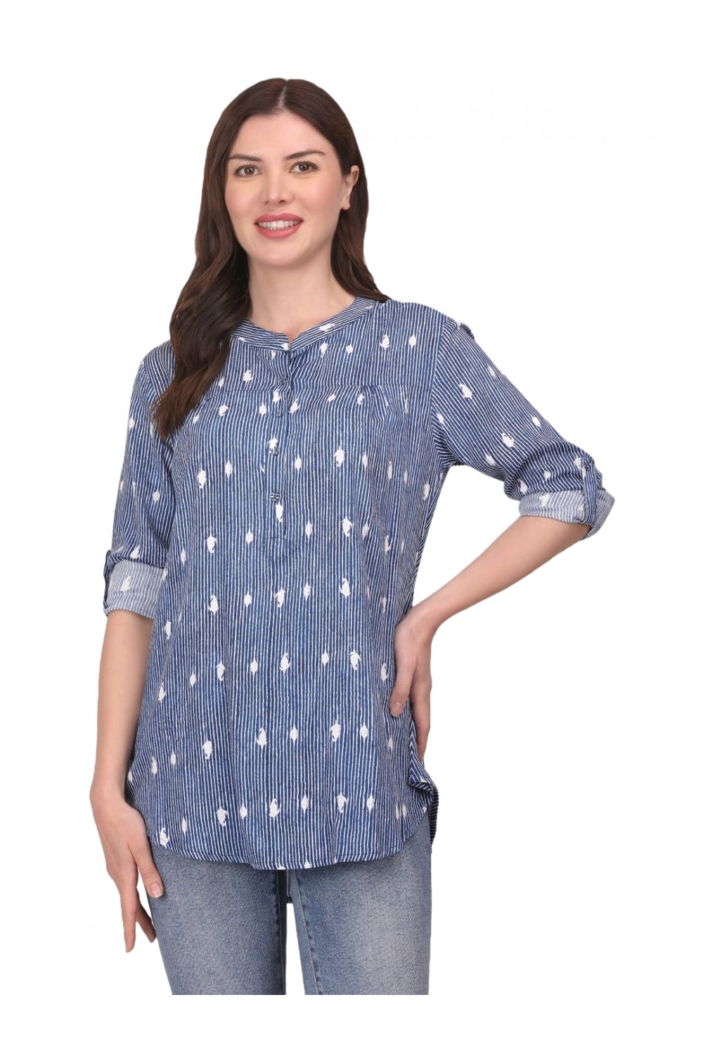 Calyx Clothing Vertical Stripes Print Mandarin Collar Roll-Up Sleeves Cotton Shirt Style Top