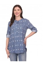 Calyx Clothing Vertical Stripes Print Mandarin Collar Roll-Up Sleeves Cotton Shirt Style Top