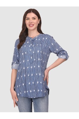 Calyx Clothing Vertical Stripes Print Mandarin Collar Roll-Up Sleeves Cotton Shirt Style Top