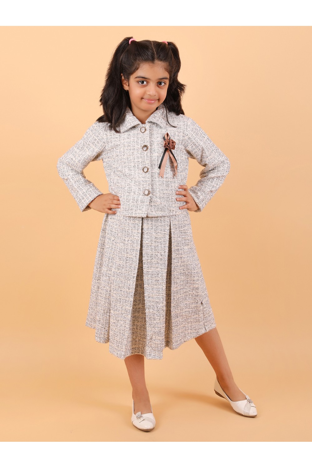 CALYX CLOTHING Stylish Soft Beige & Cream Co-Ord Set for Girls – Jacket & Extended Frock Styled Pleated Tunic | Party & Casual Wear 