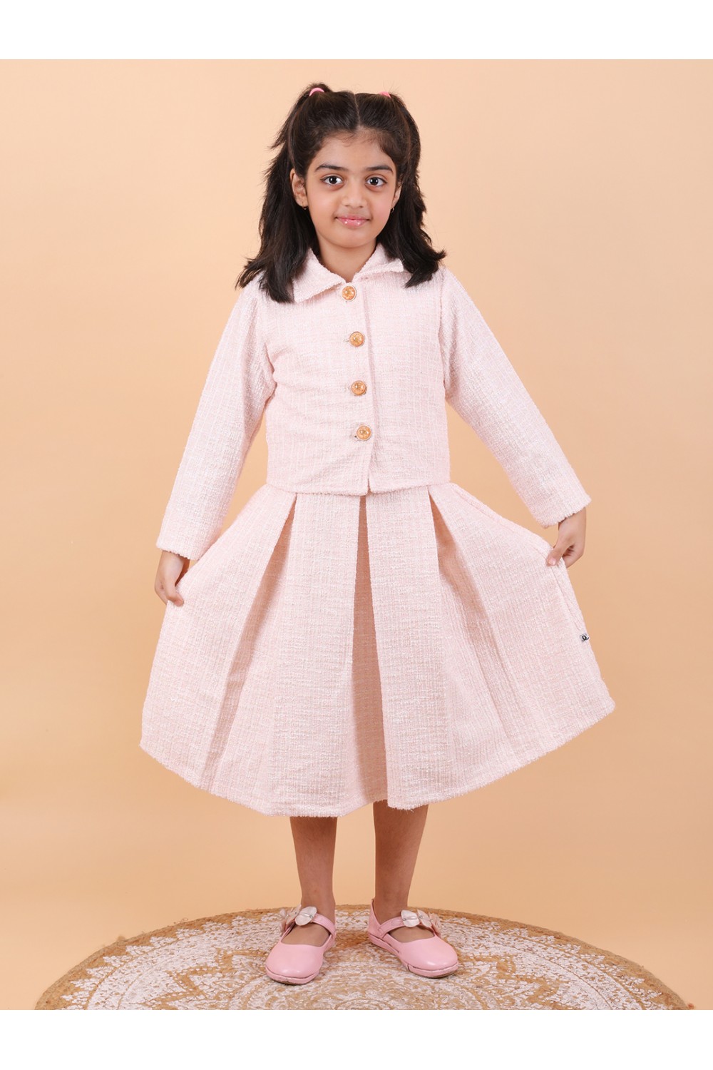 CALYX CLOTHING Stylish Soft Pink Co-Ord Set for Girls – Jacket & Extended Frock Styled Pleated Tunic | Party & Casual Wear 