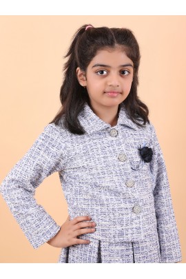 CALYX CLOTHING Stylish Soft White & Grey Co-Ord Set for Girls – Jacket & Extended Frock Styled Pleated Tunic | Party & Casual Wear 
