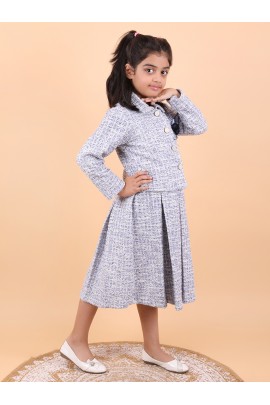 CALYX CLOTHING Stylish Soft White & Grey Co-Ord Set for Girls – Jacket & Extended Frock Styled Pleated Tunic | Party & Casual Wear 