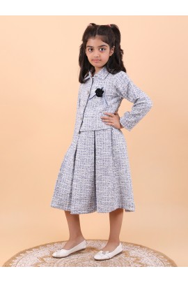 CALYX CLOTHING Stylish Soft White & Grey Co-Ord Set for Girls – Jacket & Extended Frock Styled Pleated Tunic | Party & Casual Wear 