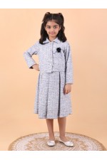 CALYX CLOTHING Stylish Soft White & Grey Co-Ord Set for Girls – Jacket & Extended Frock Styled Pleated Tunic | Party & Casual Wear 