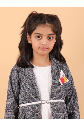 CALYX CLOTHING Stylish Grey and White Shrug Set for Girls with Multicolored brooch – Shrug & Extended Frock Styled Pleated Tunic | Party & Casual Wear