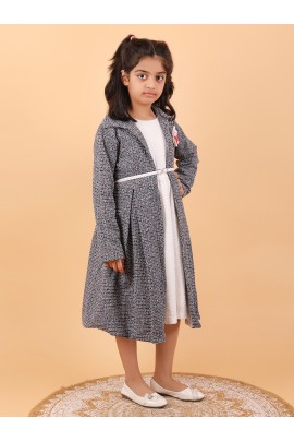 CALYX CLOTHING Stylish Grey and White Shrug Set for Girls with Multicolored brooch – Shrug & Extended Frock Styled Pleated Tunic | Party & Casual Wear