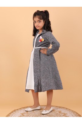 CALYX CLOTHING Stylish Grey and White Shrug Set for Girls with Multicolored brooch – Shrug & Extended Frock Styled Pleated Tunic | Party & Casual Wear