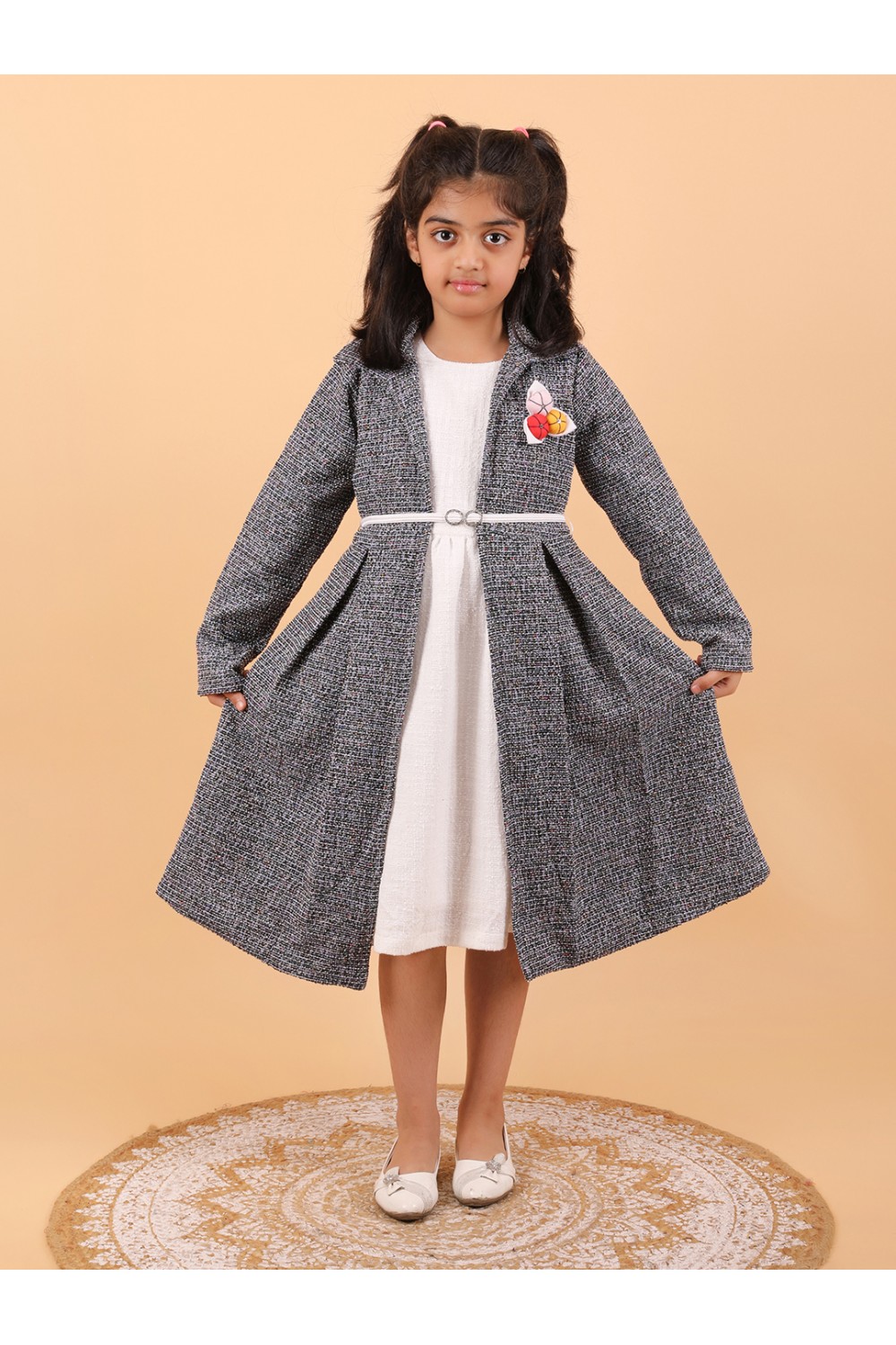 CALYX CLOTHING Stylish Grey and White Shrug Set for Girls with Multicolored brooch – Shrug & Extended Frock Styled Pleated Tunic | Party & Casual Wear