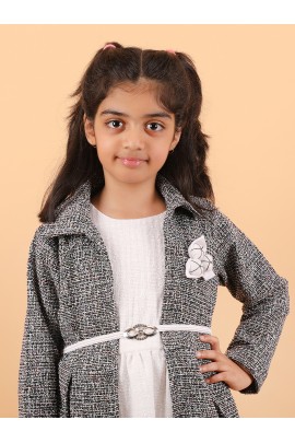 CALYX CLOTHING Stylish Grey and White Shrug Set for Girls with White brooch – Shrug & Extended Frock Styled Pleated Tunic | Party & Casual Wear