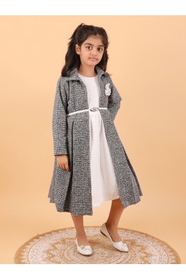 CALYX CLOTHING Stylish Grey and White Shrug Set for Girls with White brooch – Shrug & Extended Frock Styled Pleated Tunic | Party & Casual Wear
