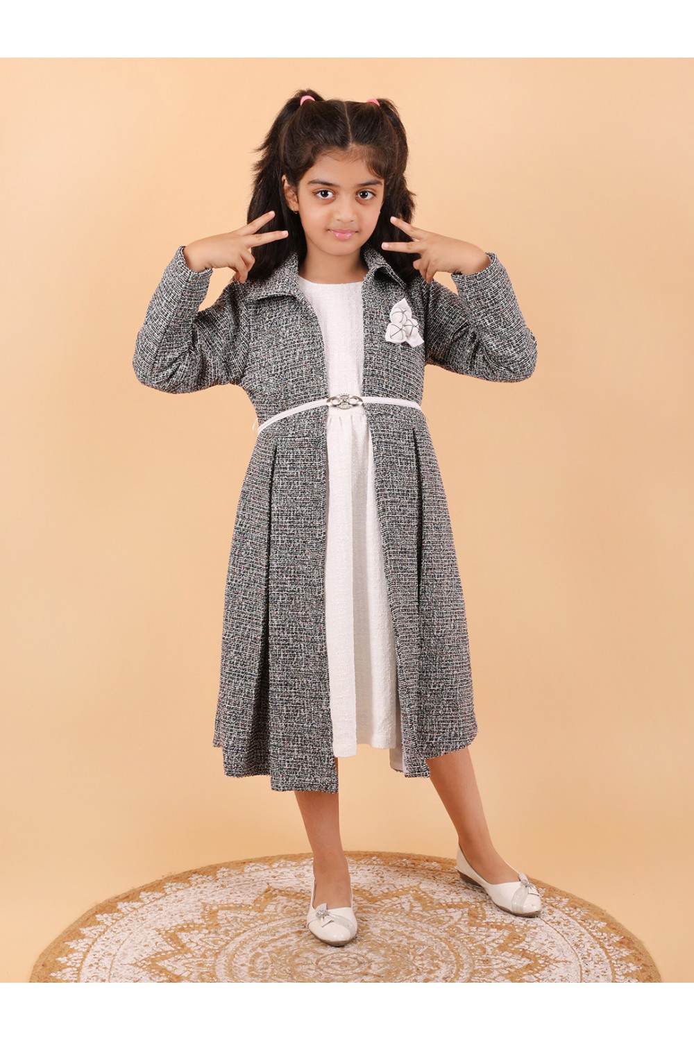 CALYX CLOTHING Stylish Grey and White Shrug Set for Girls with White brooch – Shrug & Extended Frock Styled Pleated Tunic | Party & Casual Wear