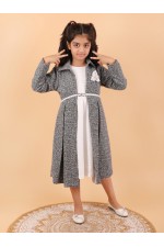 CALYX CLOTHING Stylish Grey and White Shrug Set for Girls with White brooch – Shrug & Extended Frock Styled Pleated Tunic | Party & Casual Wear