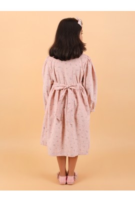 CALYX CLOTHING Peach Long-Sleeved Collared Dress with a Subtle Pattern and a Pleated Skirt Design | Fancy Long Frock