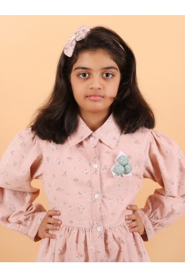 CALYX CLOTHING Peach Long-Sleeved Collared Dress with a Subtle Pattern and a Pleated Skirt Design | Fancy Long Frock