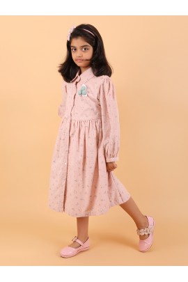 CALYX CLOTHING Peach Long-Sleeved Collared Dress with a Subtle Pattern and a Pleated Skirt Design | Fancy Long Frock
