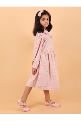 CALYX CLOTHING Peach Long-Sleeved Collared Dress with a Subtle Pattern and a Pleated Skirt Design | Fancy Long Frock