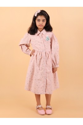 CALYX CLOTHING Peach Long-Sleeved Collared Dress with a Subtle Pattern and a Pleated Skirt Design | Fancy Long Frock