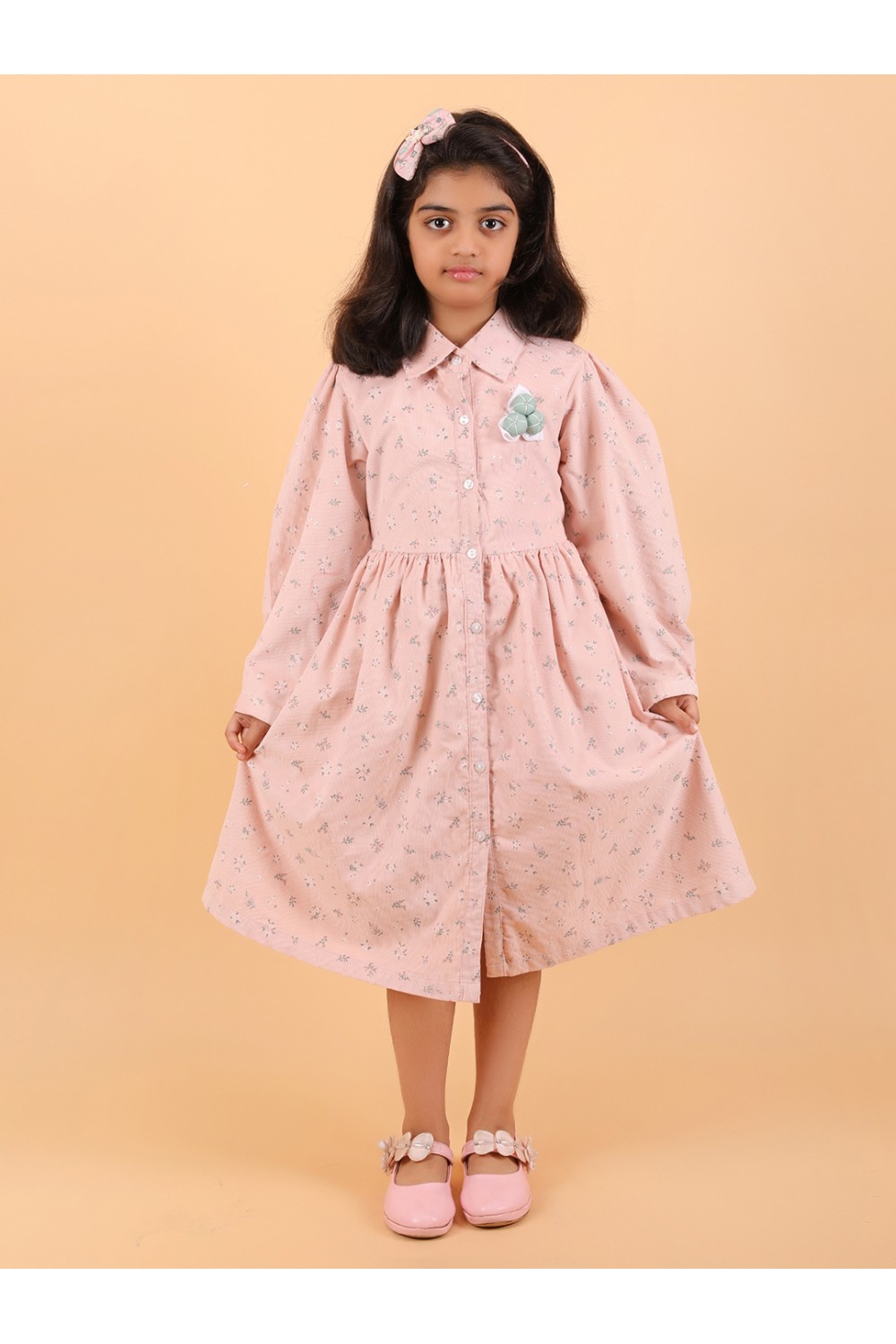 CALYX CLOTHING Peach Long-Sleeved Collared Dress with a Subtle Pattern and a Pleated Skirt Design | Fancy Long Frock