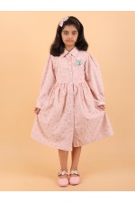CALYX CLOTHING Peach Long-Sleeved Collared Dress with a Subtle Pattern and a Pleated Skirt Design | Fancy Long Frock